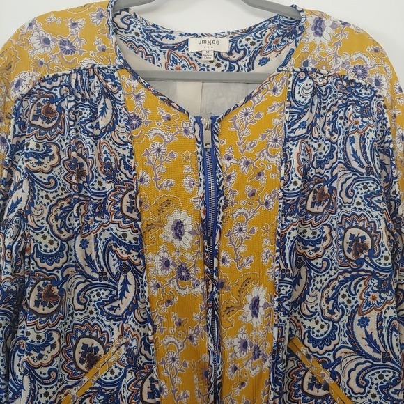 Umgee Boho Paisley Yellow Blue Bomber Jacket Medium Mixed Print - Picture 4 of 11